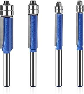 4 Pcs 1/4 Inch Shank Flush Trim Router Bit Set, Cutting Diameter 1/4" 5/16" 3/8" 1/2", Professional Woodworking Milling Cutter Tools with Bearing