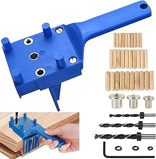 44PCS Handheld Dowel Jig Kit with Drill Guide Block, Professional Woodworking Doweling Jig, Metal Sleeve Wood Drilling for Accurate Wood Dowels, Includes 6/8/10mm Drill bits, 30 Wooden dowels (A)