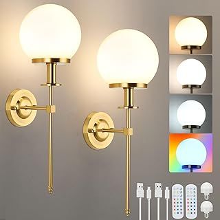 Wireless Wall Sconces Set of 2 Glass Wall Lights Battery Operated 5000mAh Rechargeable Wall Lamp Battery Powered RGB White Colors Dimmable Remote Control Wall Light for Bedrooms,Gold - Long