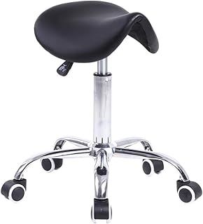 Rolling Saddle Stool PU Leather Swivel Adjustable Rolling Stool With Wheels Salon Chair (Black)