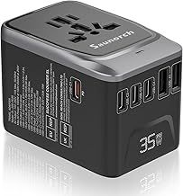 SAUNORCH Universal Travel Adapter, PD 35W 7 in 1 International Power Plug Adapter with 7.0A 4 USB-C and 2 USB-A Fast Wall Charger, Worldwide AC Outlet for US Europe UK AUS (Black+Silver)