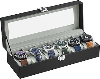 SONGMICS Watch Box with 6 Slots, Watch Case with Glass Lid, Watch Display Box with Removable Watch Pillows, Metal Clasp, Gift Idea, Black Synthetic Leather, Greenish Grey Lining JWB06BK