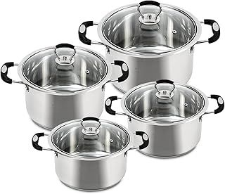 AKH HOUSEWARE Stock Pot Casserole Dish - Large Heavy Duty Stainless Steel Stockpot with Lid & Silver Mirror Coated, Soft Touch Silicone Handle (20cm+22cm+24cm+26cm (Set of 4))