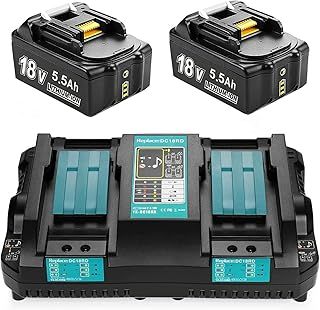 2 x Battery 18 V 5.5 Ah Replacement Battery for Makita Battery 18 V with DC18RC Charger Compatible with BL1860 BL1860B BL1850 BL1850B BL1840 BL1830 BL1820 LXT400 DC18RA DC18RC DC18RD
