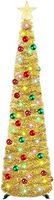 5Ft/ 1.5m Pop Up Tinsel Christmas Tree, Artificial Collapsible Xmas Tree with 100 Lights and 30 Colour Balls, Glittering Sparking Xmas Decoration Tree for Party Carnival (Gold with balls)