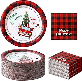 Winoo Design Christmas Plates and Napkins Set - 20 PK - Santa Christmas Paper Plates Xmas Disposable Plates Dinner Plates for Christmas Decorations Christmas Décor Party Supplies
