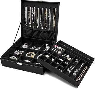 ProCase Jewellery Box Organiser, 2 Tiers Large Jewellery Boxes Storage Cases for Earrings, Bracelets, Rings, Necklaces -Black