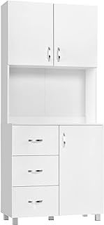 HOMCOM Free standing Kitchen Cupboard, Storage Cabinet with Doors and Sheleves, 3 drawers and Open Space, Adjustable Height Storage Unit, White