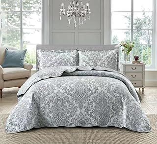 BQC Quilted Bedspread Bed Throw Comforter Embroidered Machine Washable 3 Pcs Printed Bedding Set with 2 Pillow Shams (Bloom Blue, King)