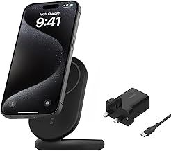 Belkin BoostCharge MagSafe Charger, Magnetic Foldable Wireless Charging Stand 15W, MagSafe-Compatible Portable Fast Charger for Qi2, iPhone 16, 15 & 14 Series, Standy Mode Ready, PSU Included - Black