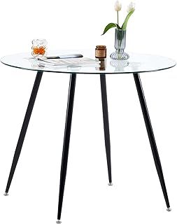 GOLDFAN Round Dining Table 80cm with Tempered Glass Top, Black Legs Modern Table, Small Circular Glass Table Kitchen Living Room Furniture