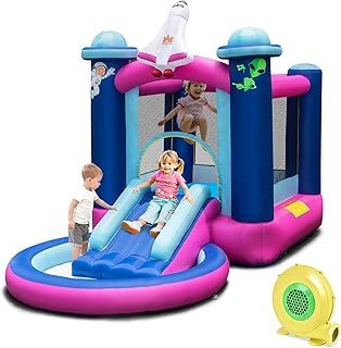 GYMAX Kids Bouncy Castle, Inflatable Jumping House with Slide, Round Ball Pit Pool & Carry Bag, Children Bounce Playhouse for Outdoor Indoor (Space Themed with 480W Blower)