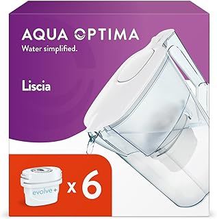 Aqua Optima Liscia Filter Jug & 6 x 30 Day Evolve+ Water Filter Cartridges, 2.5 Litre Capacity, for Reduction of Microplastics, Chlorine, Limescale and Impurities, White