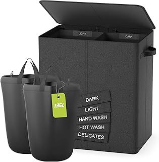 Double Laundry Basket with Lid, 135L Washing Baskets for Laundry with Removable Bags & Labels, laundry basket 2 compartments for Separating, Large Laundry Hamper for Laundry Room, Bedroom, Grey