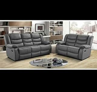 Roma Leather Recliner Sofa with Cupholders - 3+2 Seater Sofa - Grey (3 Seater), one size, (bs112)