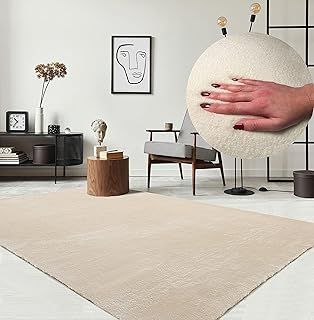 the carpet Relax Modern Fluffy Short Pile Rug, Non-Slip Underside, Washable up to 30 Degrees, Super Soft, Fur Look, Beige, 80 x 150 cm