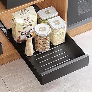 Kitstorack Pull Out Cabinet Organiser, Pull Out Shelf Slide Out Drawers Storage for Kitchen Cupboards, Heavy Duty Extendable Sliding Drawer,No Need Drill, 43 Depth x 25 Width x 8 Height cm, Black