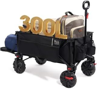 Festival Trolley 300L with Brakes, Folding Beach Trolley Cart with Tailgate, 135kg Collapsible Wagon Detachable Wide Wheels & Adjustable Handle for Outdoor Camping Garden, Black
