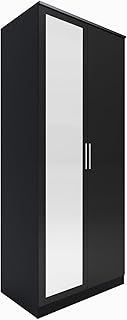 ELEGANT High Gloss Wardrobe with Mirror, Soft Close Hinge Mirrored Wardrobe Cabinet, 2 Doors Black Wardrobe Set Bedroom Furniture with Hanging Rod and Storage Shelves