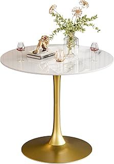 FATIVO Kitchen Dining Table Marble Tabletop: Round 76cm Modern Sintered Stone Cold Jadeite Natures White Marble Top Dinner Tables with Golden Round Pedestal Base for Home Coffee Shop Restaurant