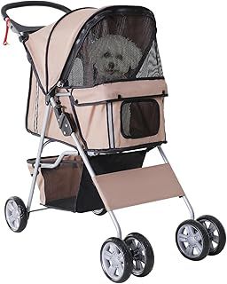 PawHut Pet Stroller for Small Miniature Dogs Cats Foldable Travel Carriage with Wheels Zipper Entry Cup Holder Storage Basket Brown