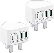 2-Pack 40W USB C Fast Charger, 4-Port Multi Charger UK Charging Plug Dual Type C PD Power Adapter + Micro USB Plug for iPhone 16 15 14 13 12 11 Pro Max XR XS, iPad, Samsung