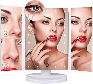 Vanity Cosmetic/Makeup Mirror with 22 LED Lights, Touch Screen, Magnification Tri-Fold 2X 3X Magnifying, 180° Free Rotation, Dual Power Supply White