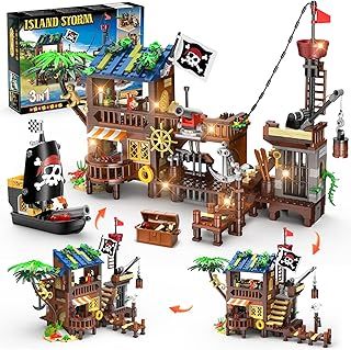 HOGOKIDS Pirate Ship Wharf Building Toy with LED Light - 781PCS Medieval Pirate's House Building Block Set, Architecture Bricks Kit for Kids Girls Boys Ages 6 7 8 9 10 11 12+ Birthday Gift