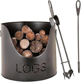 Modern Metal Fireside Kindling Log Bucket with Tools Recycled Iron Firewood Log Basket