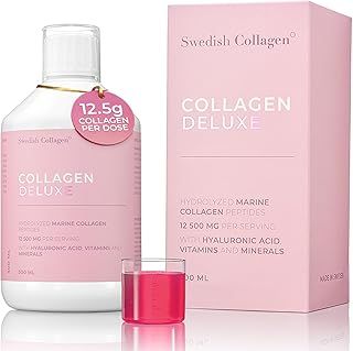 Deluxe | 12,500 mg Hydrolysed Marine Collagen Liquid Supplement - 500 ml, 20 Day Supply | Hyaluronic Acid, Biotin and Vitamin C for Healthy Hair, Skin, Nails and Joints | Sugar-Free