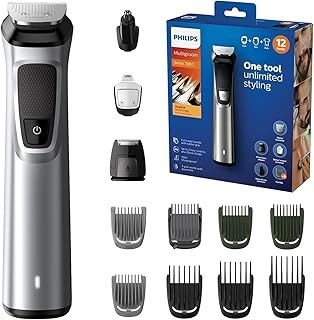 Philips Series 7000 12-in-1 All-In-One Trimmer, Ultimate Grooming Kit for Beard, Hair & Body with 12 Attachments, Including Nose Trimmer, Premium Metal Handle, UK 3-Pin Plug - MG7735/33