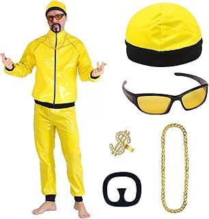 BITOYO 90s Rapper Celebrity Ali g Costume Adults Set Yellow Shell Suit Hat Black Goatee Dollar Ring Sunglasses Gold Necklace for Fancy Dress Funny Halloween Christmas Carnival Stag Do Disco