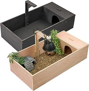 KCT Small Wooden Tortoise Table Reptile Vivarium Cage Hide with Open Run and Lamp Arm