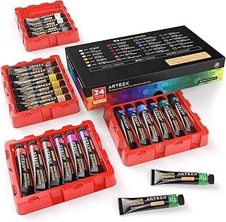 ARTEZA Gouache Paint, 24 Colours, 12ml Tubes, Water-Based Paint for Canvas and Paper, Art Supplies for Professionals, and Students