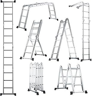 COSTWAY 7-in-1 Folding Ladder, 3.7M/4.6M Multi-Purpose Aluminum Extension Ladder with Safety Locking Hinge, Portable Heavy Duty Scaffolding Platform Combination Ladder, 150kg Weight Capacity (3.7M)