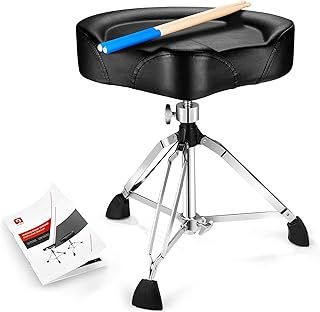 vangoa Saddle Shape Drum Stool Thick Padded Adjustable Drummer Throne Stool with Drumsticks, Black