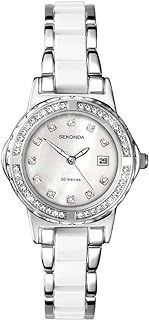 Sekonda Women's Analogue Quartz Watch with 29mm Stone Set Case, White Mother of Pearl Dial and Alloy Bracelet with Plastic Centre links