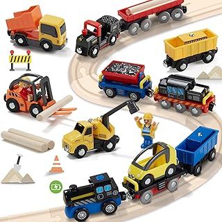 Giant bean 12 Vehicles Train Car Set Accessories, Battery Operated Magnetic Mini Construction Set for Wooden Train Tracks, Bulk Car Toys for Toddlers 3 4 5 Year Boys Girls Kids