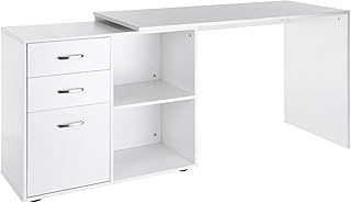 HOMCOM L-Shaped Computer Desk, 2 Shaped Corner Desk with Drawers, File Cabinet and Storage Shelves, Home Office Desk, White