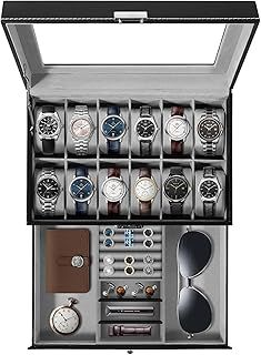 Uten Watch Box 12 Slots, 2-Tier Watch Storage Box with Key Lock, Glass Lid, Men/Women Watch Display Case, Black Synthetic Leather, Grey Velvet Lining, Jewellery Box for Watch, Rings, Bracelets