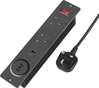 Recessed Power Socket with 15W Wireless Charging,Built-in Desk Power Socket with USB C,PD 20W Desk Black Socket,2-Socket Power Strip with Power Switch,2m Cable,USB