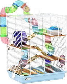 Pawhut 2 Tier Hamster Cage, Gerbil Cage with Handle, Exercise Wheels, Tunnel, Tube, Water Bottle, Dishes, Ladder, for Dwarf, Blue