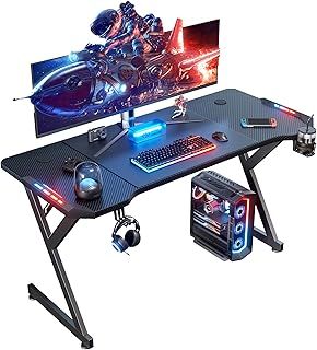 DLONGONE 140 x 60cm Gaming Desk with LED Lights, Sturdy Gaming Table, Computer PC Desk for Home Office, Gamer Table with Headphone Hook and Cup Holder, Black