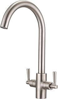 Peppermint Brushed Nickel Kitchen Tap Monobloc Dual Lever Kitchen Mixer Taps 1 Hole Brushed Steel Sink Taps Mixer Swan Neck Twin Lever Rustproof Stainless Steel Faucet