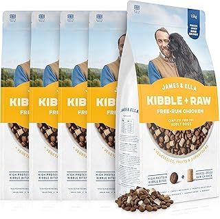 James & Ella Kibble + Raw Dog Food - Free Run Chicken (5 x 1.5kg) ❘ Nutritious High Protein Kibble Combined with Freeze-Dried Raw Meat Nuggets, Contains Essential Oils & Minerals, Grain & Gluten Free