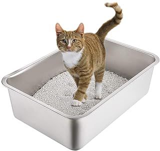 Yangbaga Cat Litter Tray 20"*14"*6" Stainless Steel, Odourless and Spacious Design for Easy Cleaning, Ideal for Large Cats, Multiple Pet Households, Rustproof with Non-Slip Base