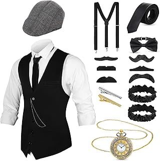 1920s Mens Gangster Vest Costume Accessories Set Fedora Hat Vintage Pocket Watch Pre Tied Bow Tie 1920s Costumes 1920s Accessories for Men