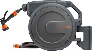 Giraffe Tools Retractable Hose Reel Wall Mounted, 35+2m Garden Hose Reel, 180° Pivotal with 7 in 1 Spray Nozzle, Grey