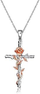 925 Sterling Silver Cross Necklaces for Women,Exquisite Rose Cross Pendant Necklace Chain Jewellery Gifts For Women Girls Mum Daughter