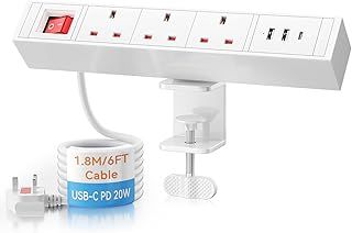 Desktop Power Strip USB C PD 20W, Ohuo Desk Extension Leads 3 Way with 3 USB Slots Table Power Sockets with Switch Black